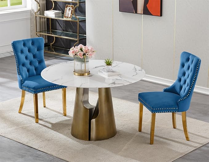 3-Piece Faux Marble Round Dining Table Set for 2, Modern Luxury Kitchen Table Set for 2 with Blue Tufted Chairs,Circle Dining Tables with White Marble Grain Top and Bronze Pedestal Base