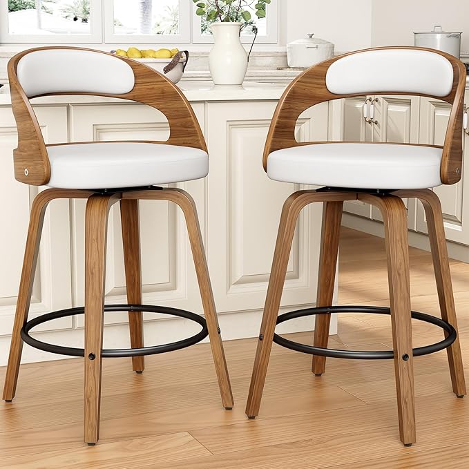 Swivel Bar Stools Set of 1, 26" Counter Height Bentwood Barstool, Mid-Century Modern PU Leather Upholstered Bar Chair with Back and Footrest, for Kitchen Island, Bar, Cafe, Dining Room, White