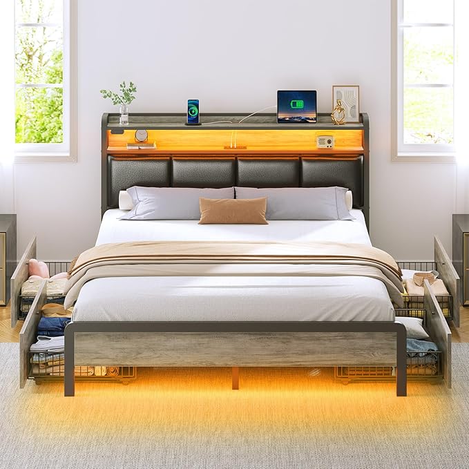 Rolanstar Bed Frame Full Size with Charging Station and LED Lights, Upholstered Storage Headboard with Drawers, Heavy Duty Metal Slats, No Box Spring Needed, Easy Assembly, Vintage Grey and Black