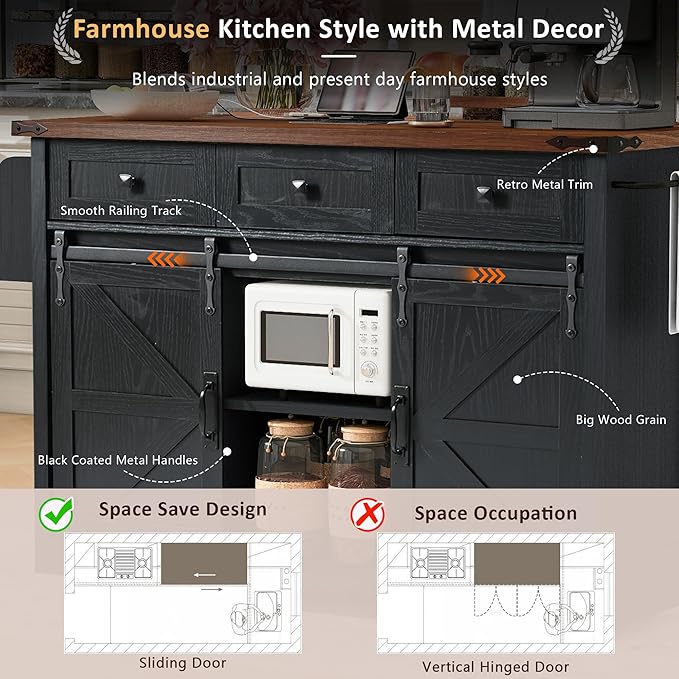Kitchen Island with Power Outlet & Drop Leaf, 54" Kitchen Rolling Island on Wheels with Spice Rack & Towel Rack, Kitchen Island Cart with Storage, Black