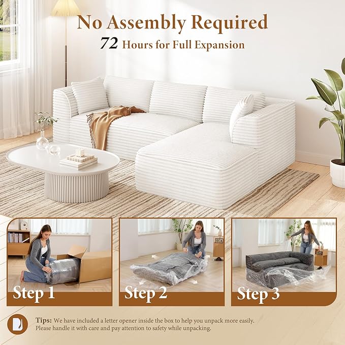 Vesgantti 106" Modular Sectional Sofa with Chaise, Deep Seat Comfy Cloud Couch Corduroy L Shaped Sofa Sectional Couches for Living Room Bedroom, No Assembly Required (Beige, Right-Facing Chaise)