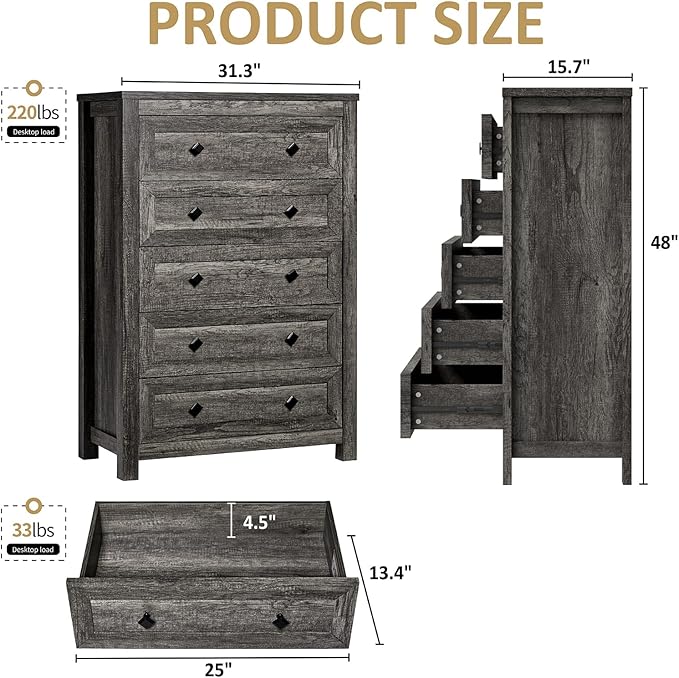 Farmhouse 5 Drawers Dresser, Wood Rustic Chest of Drawers for Bedroom, Tall Dressers Organizer with Metal Handles, 5 Drawers Chest for Living Room, Hallway, Entryway, Grey