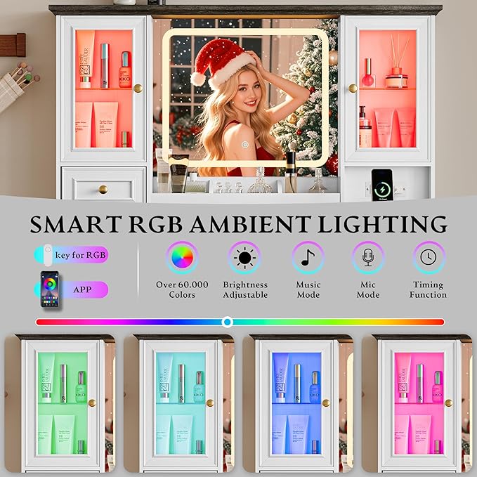 Vanity Desk with HD Lighted Mirror & Power Outlet, Farmhouse Makeup Vanity Table Set with Storage Drawers & RGB Cabinets, Large Dressing Table with 3 Lighting Modes for Women Girls Kids Bedroom, White