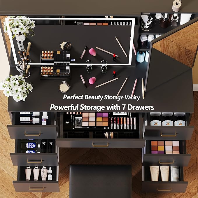 Vanity Desk with Large Mirror and Lights, Black Makeup Vanity with 7 Drawers, Adjustable Brightness Vanity Table with Glass Door Cabinet, Modern Vanity Set with Stool for Bedroom