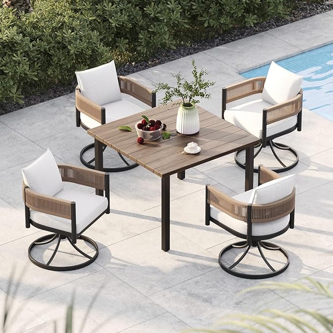 Grand patio 5-Piece Outdoor Dining Set for 4, Metal Woven Wicker Swivel Patio Chairs with Thickened Cushions & 1 Square Woodgrain Dining Table with Umbrella Hole for Backyard Deck (Natural)