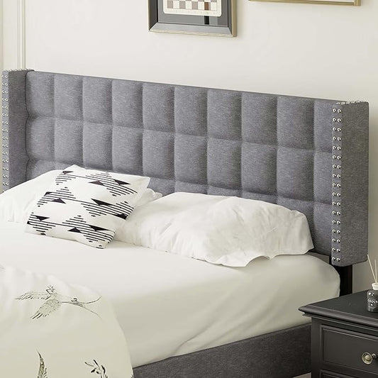 VECELO Headboard Queen Size, Linen Upholstered Headboards Only with Nailhead Trim Wingback, Square Stitched Design, Adjustable Height from 40" to 49.8", Light Grey