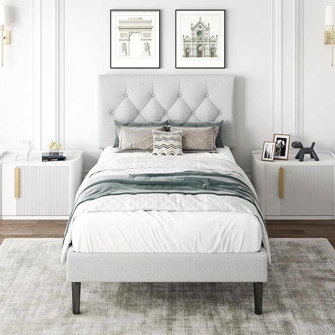 Twin Size Platform Bed Frame with Upholstered Headboard, Button Tufted Design, Strong Wooden Slats, No Box Spring Needed, Easy Assembly, Noise Free