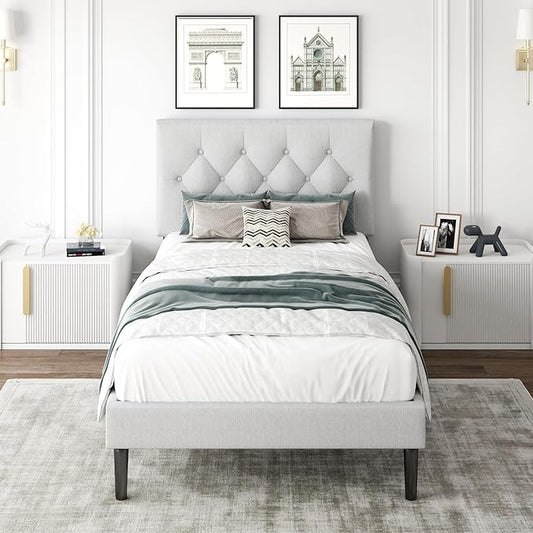 Twin Size Platform Bed Frame with Upholstered Headboard, Button Tufted Design, Strong Wooden Slats, No Box Spring Needed, Easy Assembly, Noise Free
