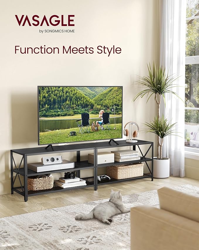 VASAGLE TV Stand, TV Console for TVs Up to 75 Inches, TV Table, 70.1 Inches Width, TV Cabinet with Storage Shelves, Steel Frame, for Living Room, Bedroom, Black with Wood Grain ULTV096B22