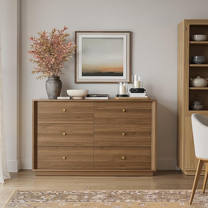 Mid Century Modern Dresser, 6 Drawer Dresser with Storage, 47" Wide Chest of Drawers with Wood Grain Texture, Drawers Organizer for Bedroom, Living Room, Hallway, Walnut