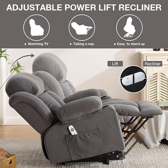 Power Lift Recliner Chair for Elderly with Vibration Massage and Lumbar Heating Electric Oversized Single Sofa with Cup Holder and USB Charge Port for Living Room