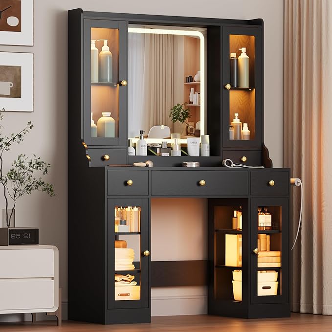 Vanity Desk with Mirror and Lights, Black Makeup Vanity Table with 3 Modes & Adjustable Brightness, Glass Cabinets, Drawers, Outlet, Modern Dressing Table for Bedroom, Girls, Women, Teens