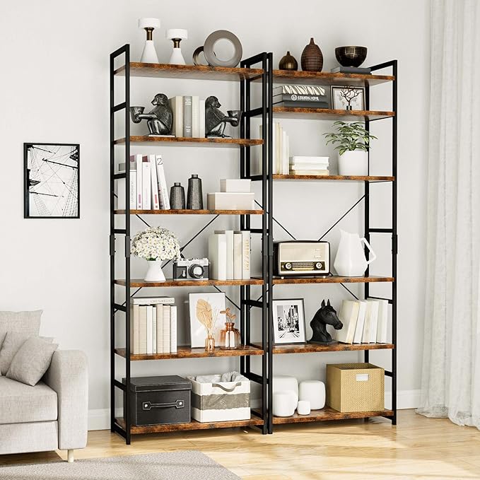 OTK 6 Tier Adjustable Bookshelf, Tall Bookcase, Office Shelf Storage Organizer, Modern Book Shelf for Living Room, Bedroom, and Home Office, Vintage