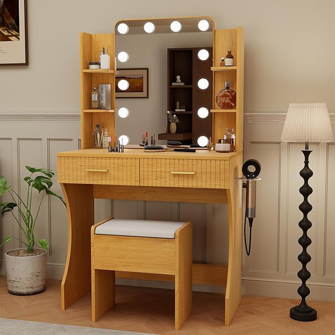 Small Vanity Desk with Mirror and Lights, Makeup Vanity Desk with 3 Color Modes Adjustable Bulb, 2 Large Drawers and 4 Open Storage Shelves, Natural Vanity with Charging Station for Bedroom