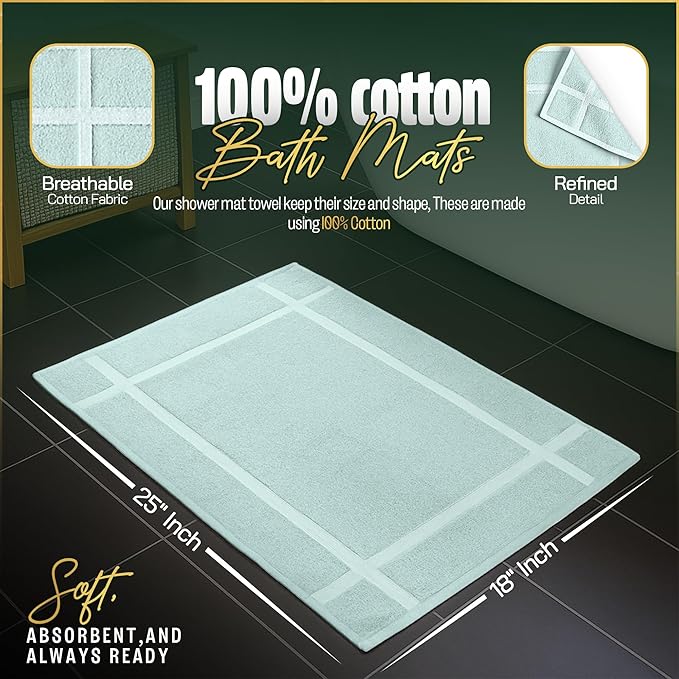 Pearl Linens Pack of 2 100% Cotton Bath Mat 18x25 inches, Soft & Absorbent Quick Dry Bathroom Mat Set, Not Bathroom Rugs, After Shower Mat, Bath Tub Mat, 687 GSM, Machine Washable, Mint Green