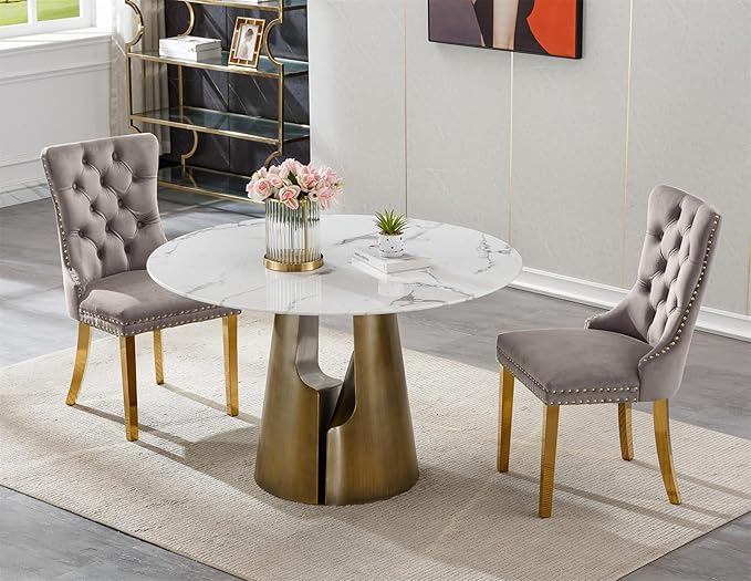 3-Piece Faux Marble Round Dining Table Set for 2, Modern Luxury Kitchen Table Set for 2 with Grey Tufted Chairs,Circle Dining Tables with White Marble Grain Top and Bronze Pedestal Base