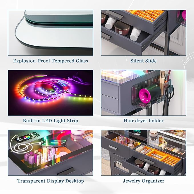 RGB Vanity Desk with Sliding Mirror and Lights, LED Makeup Vanity with Charging Station/Motion Sensor Light, Glass Top Dressing Table Set with Jewelry Box,6 Drawers,Stool for Bedroom(Grey)