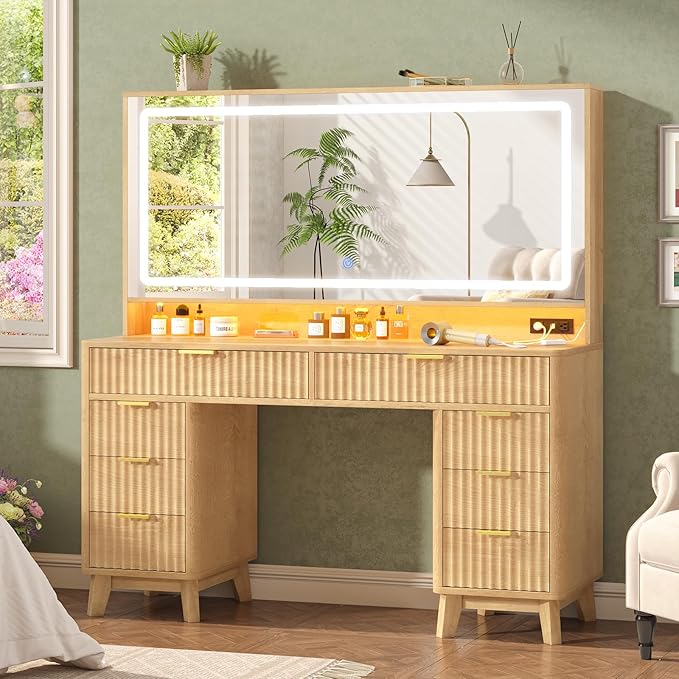 Fluted Vanity Desk with 46" Large Mirror and Lights, Big Vanity Table with Charging Station & RGB Lights, Makeup Vanity Mirror with Light Desk and 8 Drawers, Bedroom Vanity Dressing Table for Women