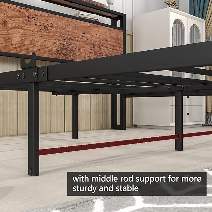 Queen Bed Frame with Storage Headboard/Charging Station,Metal Queen Size Bed Frame with Power Outlets/USB Ports No Box Spring Needed,Under Bed Storage,Easy Assembly,Rustic Brown