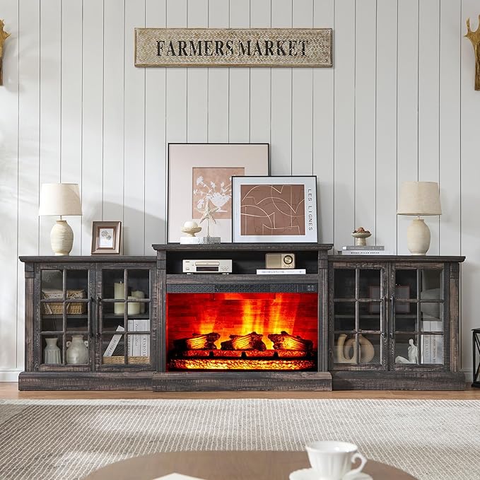 AMERLIFE 97" Farmhouse Fireplace TV Stand, Entertainment Center with Large Storage Space and Adjustable Shelf, Media Console for Living Room, Black