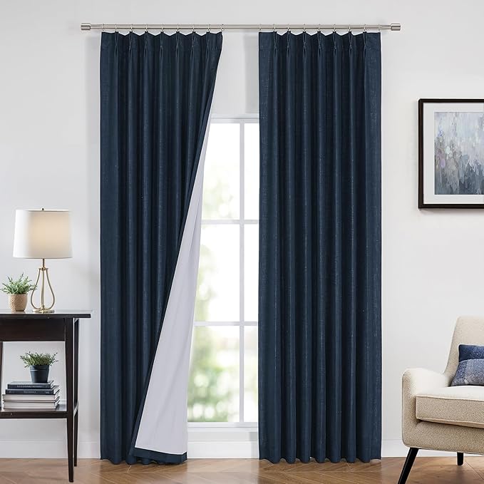 Vision Home Navy Blue Pinch Pleated Full Blackout Curtains Linen Blended Room Darkening Curtain Panels 102 inch for Living Room Bedroom Thermal Insulated Pinch Pleat Drapes with Hooks 40" Wx102 Lx2