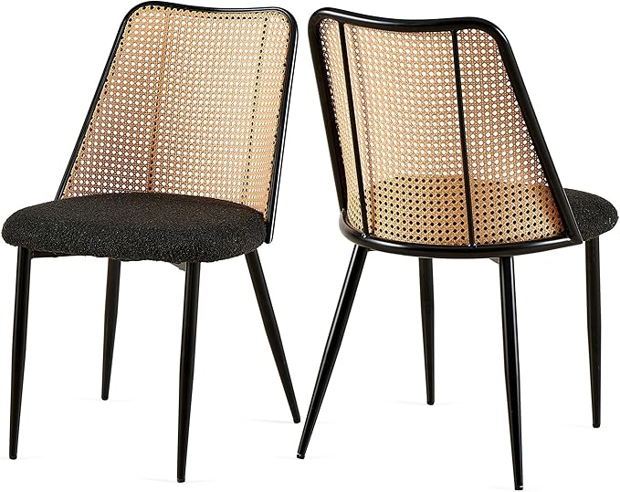 Dining Chairs Set of 2, Boho Rattan Back Dining Room Chairs Upholstered Boucle Round Dining Chairs