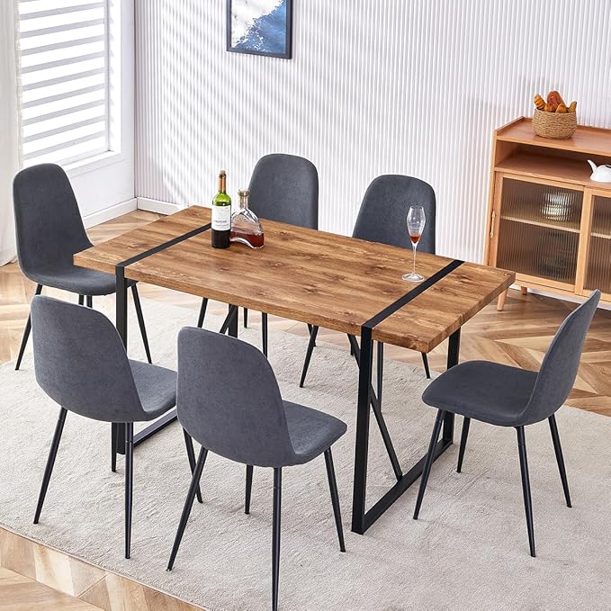 Dining Table Set for 6，Dinner Table Set for 6，55'' Kitchen Table and Suede Nap Fabic Chairs Set of 6，7 Piece Dining Table Set for Kitchen Dining Room