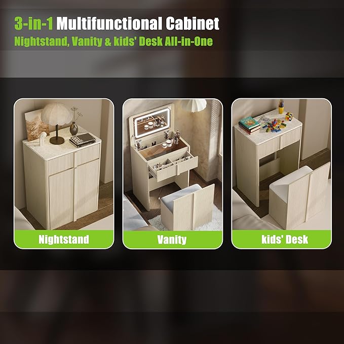 24" Vanity with Chair, Makeup Vanity Desk with Lights and Flip Top Mirror, Compact Vanity with 2 Drawers, Reinforced Legs, Whitewashed Oak