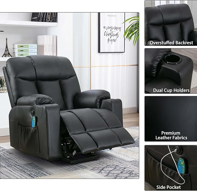 Bonzy Home 26" Extra Wide Lift Chair with Heat and Massage, Faux Leather Power Lift Recliner Massage Chair for Adults Elderly, Upholstered Recliner with 2 Cup Holders, Side Pocket