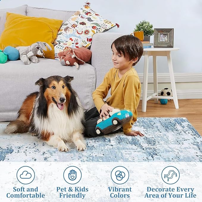 Modern Abstract 2x8 Area Rug Non Slip Non Shedding Low Pile Stain Resistant Rug for Hallway Kitchen Bedroom Non Shedding,Light Blue