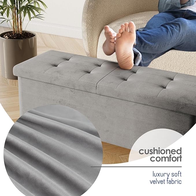STORAGEBUD Storage Ottoman Bench with Bins, 43-in Storage Bench for Bedroom End of Bed, Folding Foot Rest Ottoman for Living Room Max 660lbs, Velvet Ottomans, Light Grey
