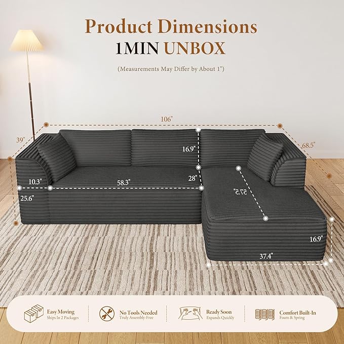 Vesgantti 106" Modular Sectional Sofa with Chaise, Deep Seat Comfy Cloud Couch Corduroy L Shaped Sofa Sectional Couches for Living Room Bedroom, No Assembly Required (Grey, Right-Facing Chaise)