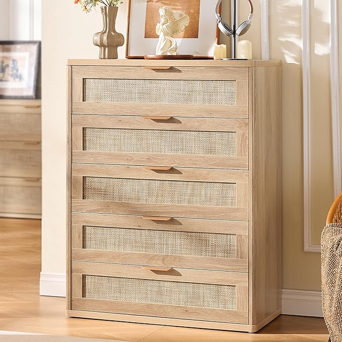 LEYAOYAO Rattan Dresser for Bedroom, 41" Tall Chest of Drawers, Modern 5 Drawers Boho Dressers with Storage, Light Oak Dresser Wooden Closet Organizer for Living Room, Hallway, Natural Wood