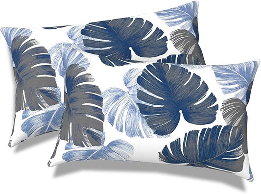 Outdoor/Indoor Lumbar Pillows, Water Repellent Cushion Pillows, 12x20 Inch, Outdoor Pillows with Inserts for Home Garden, Pack of 2, Monstera Blue