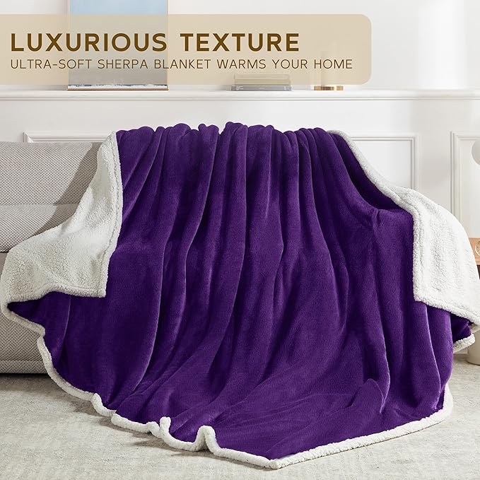 BEAUTEX Sherpa Fleece Throw Blankets, Soft Fluffy Flannel Plush Blanket and Throw, Fuzzy Cozy Purple Cuddle Blankets for Couch Bed Sofa Adults (50" x 60", Purple)