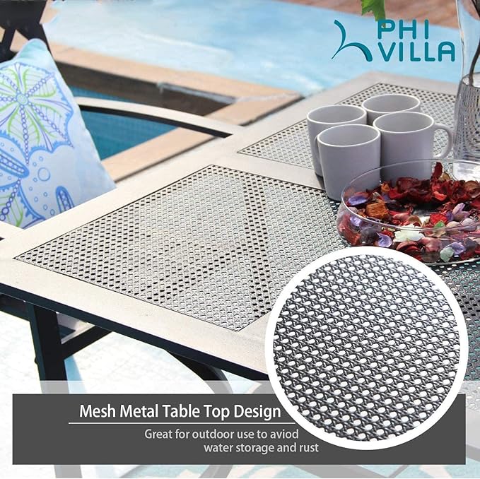 PHI VILLA Patio Dining Set Wrought Iron Outdoor Table and Chairs Furniture Set 5 Piece, 37" Square Bistro Table with Umbrella Hole and 4 Backyard Garden Chairs Support 300LBS for Deck, Lawn, Garden