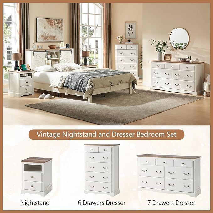AMERLIFE Farmhouse 6 Drawers Dresser for Bedroom, Wood Antique Chest of Drawers with Metal Handle, Tall Dresser Organizer for Hallway, Entryway, White+Barnwood