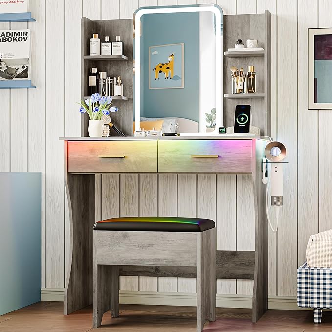 Vanity Desk with LED Lights Mirror & Power Outlet, Small Makeup Vanity Table Set with Storage Drawers & Chair, 3 Lighting Modes & Adjustable Brightness, Dressing Table for Women Girls Bedroom, Grey