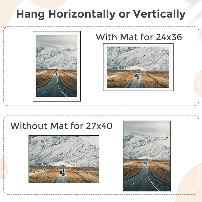 27x40 Metal Picture Frame For Wall With Mat For 24x36, 27''x40'' Aluminum Photo Frames With Tempered Glass For Home Decor, Minimalist Modern Poster Frame Horizontal And Vertical Formats, Black