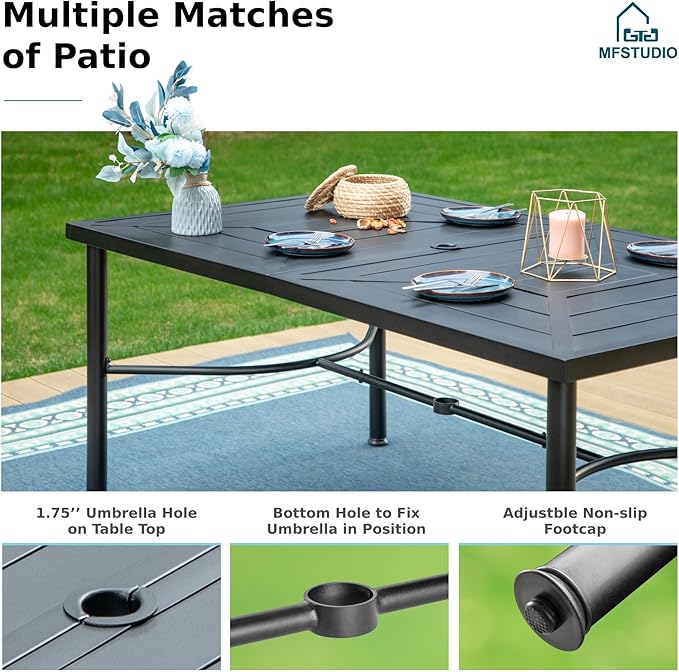 MFSTUDIO Patio Table and Chairs Set with Umbrella Hole, Outdoor Dining Set for 6 with Swivel Chairs, Outdoor Patio Furniture Set for Deck, Backyard, Poolside & Garden