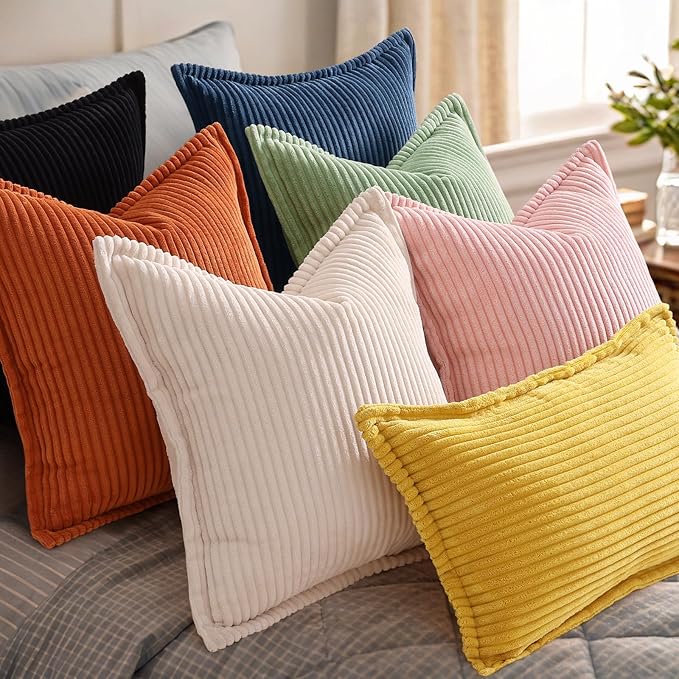 decorUhome Corduroy Black Throw Pillow Covers 24x24 Set of 2 Decorative Soft Boho Striped Neutral Euro Farmhouse Couch Pillow Covers with Broadside for Living Room Bed Sofa