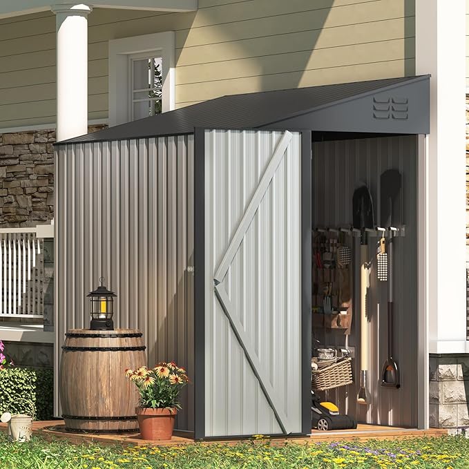 AECOJOY 4' x 6' Lean to Shed - Small Metal Shed & Outdoor Storage Cabinet for Garden, Backyard Use in Grey