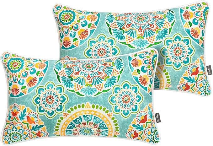 FUNHOME Indoor Outdoor Lumbar Pillow Covers ONLY, Water-Repellent Fade-Resistant Patio Lumbar Cases 12” x 20”, Throw Pillowcase Shell for Couch Garden Furniture Use -Cyan Circle