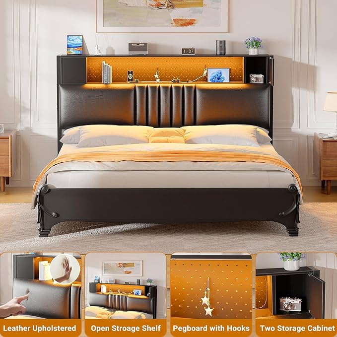 Unikito Headboard for Full Size Bed with Storage and Cabinet, Black Upholstered Headboards with Outlets, USB Ports, and DIY Color of LED Light, Full Head Board Only, Comfortable Headboard, Black