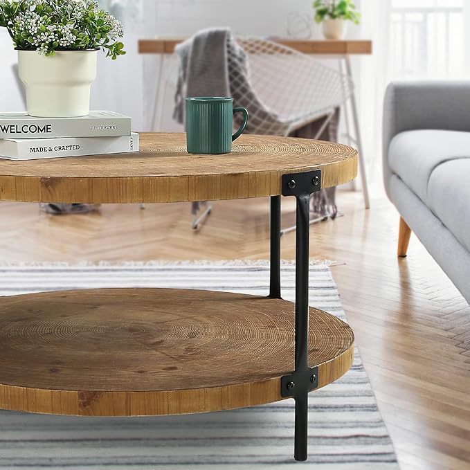 Round Boho Wood Coffee Table - 29.1" Farmhouse Natural Circle Wooden 2-Tier Coffee Tables Living Room Furniture, 29.1" D x 18.3" H, Natural Wood Color
