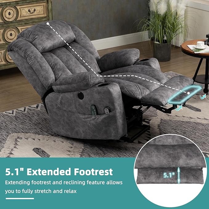 MEETWARM Large Power Lift Electric Recliner Chair with Extended Footrest for Elderly Big Tall Man, Overstuffed Wide Recliner with Massage and Heat, 2 Remote Controls/USB Ports/4 Side Pockets(Grey)