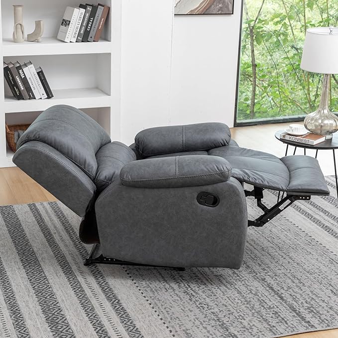 Manual Recliner Chair for Adults, Reclining Chairs, Breathable Leather Single Sofa with Adjustable Backrest, Modern Push Back Wingback Lounge Armchair for Living Room (Grey)