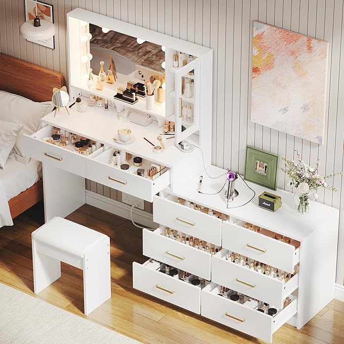 59" Makeup Desk with Drawers & Cabinet & Dresser, White Vanity Table with Drawer Dresser, Large Vanity Table with 8 Drawers, Vanity Desk with Large Mirror and 3-Color Lights for Girls, Dressing Table