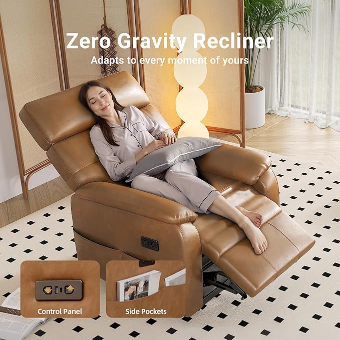 Claiks Zero Gravity Recliner Chair, Oversized Reclining Chair for Adults, Adjustable Electric Reclining Sofa Lounge with USB&Type-C Ports, Side Pocket, for Living Room, PU Leather, Brown