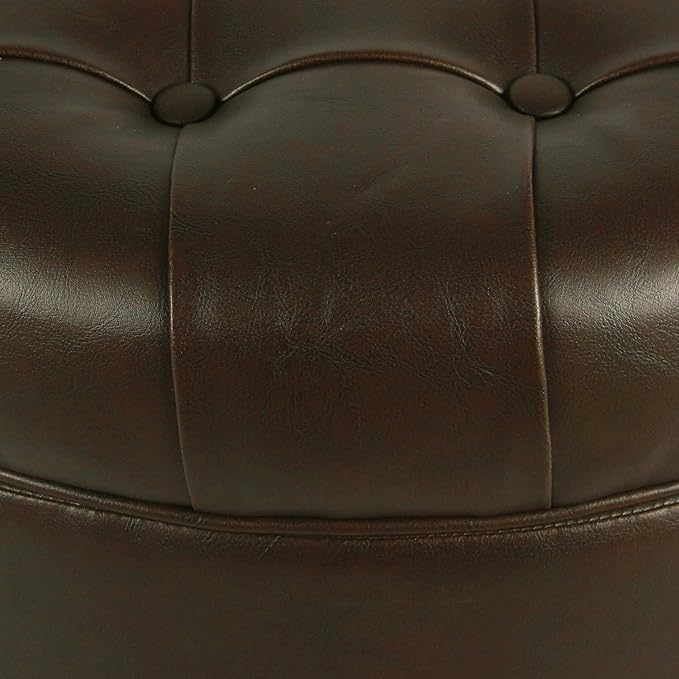 Homepop Home Decor | Button Tufted Faux Leather Round Storage Ottoman | Ottoman with Storage for Living Room & Bedroom (Distressed Brown)